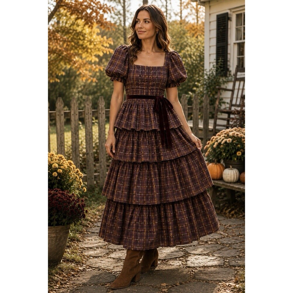 Antonio Melani Tiered Prairie Cottagecore Midi Dress Brown Plaid Puff Sleeve 16